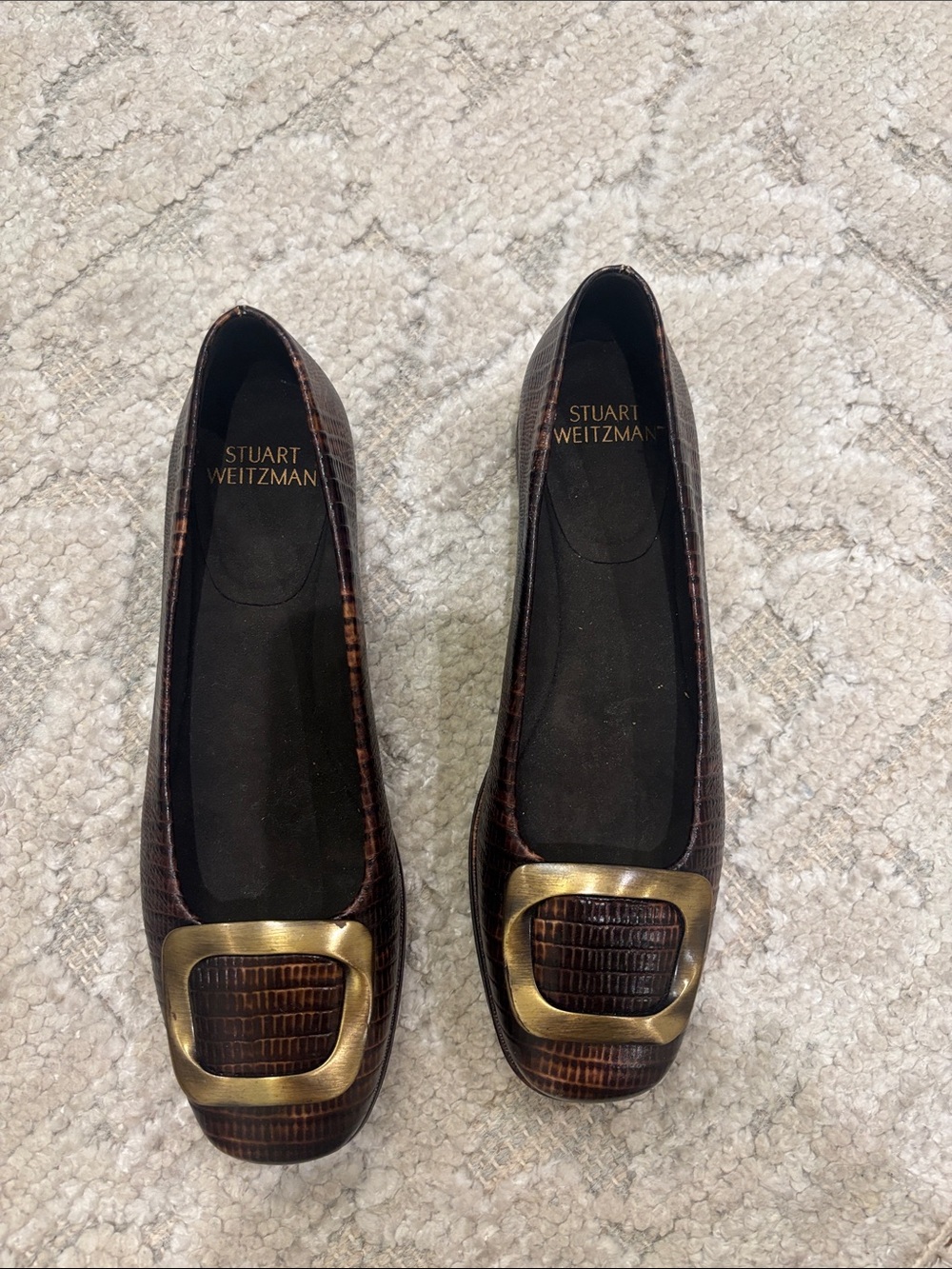 Stuart Weitzman Brown Croc-Embossed Flats with Gold Buckle